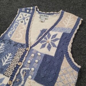 VTG Gina Peters Women Knit Sweater Vest Small Blue Ivory Patchwork Button Front